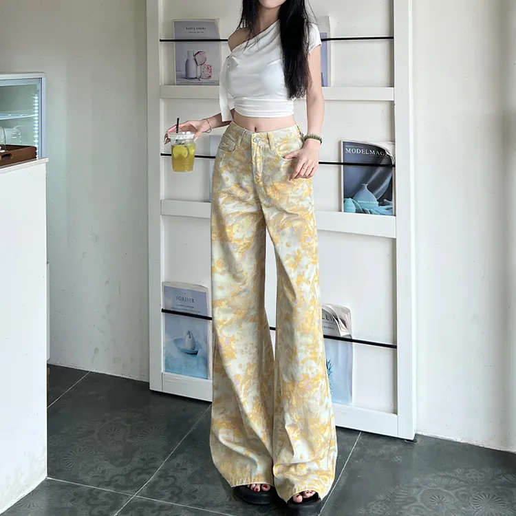 复古洋气扎染印花阔腿牛仔裤女2025秋季新款高腰休闲直筒拖地长裤