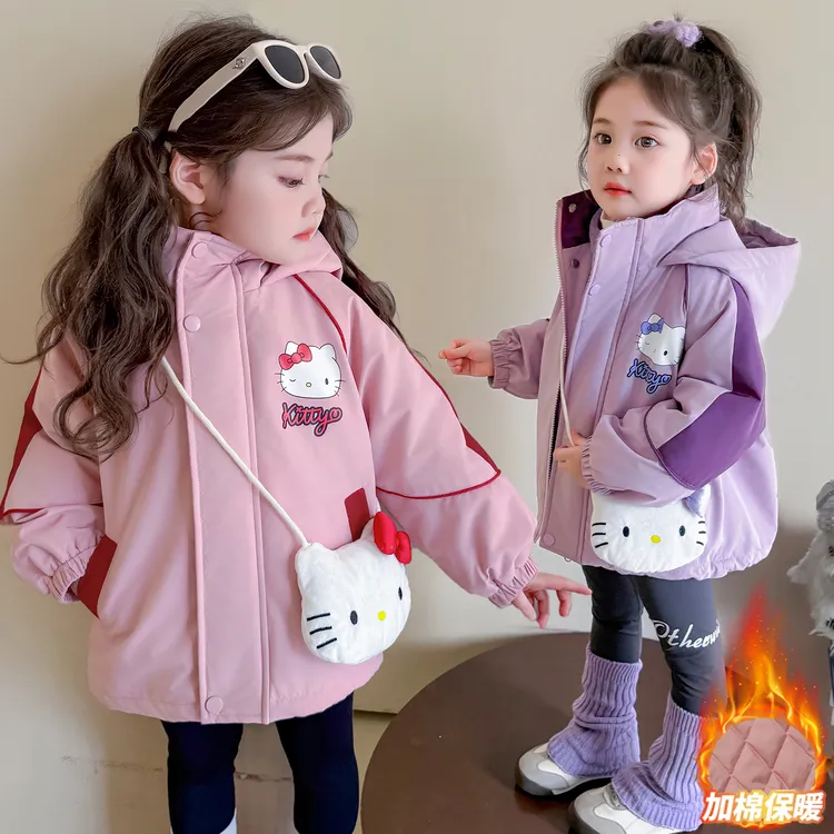 女童三合一猫咪冲锋衣可拆卸加厚夹棉儿童防风外套宝宝秋冬装新款