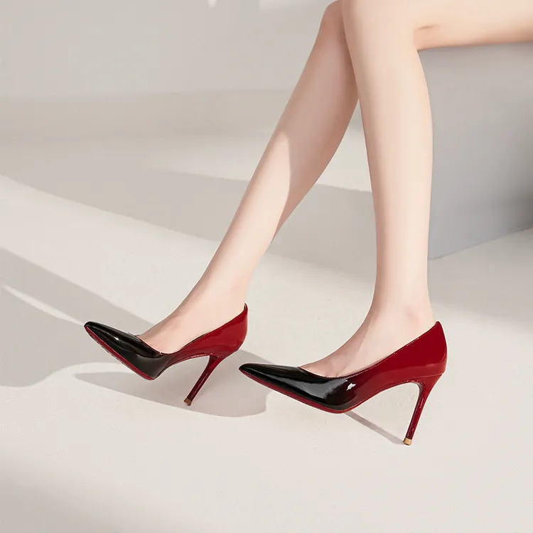 黑红渐变色时尚性感细跟浅口气质裸渐变高跟单鞋女红底黑色高跟鞋