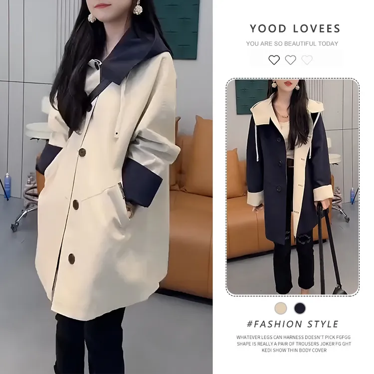 欧货2025春秋新款中长款风衣外套女气质连帽休闲宽松百搭长袖上衣