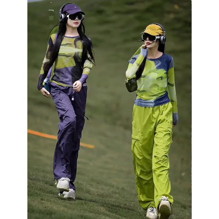 扎染印花抽褶长袖薄T恤女初秋新款时尚百搭防晒网纱罩衫打底上衣