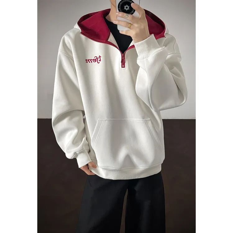 青少年重磅连帽卫衣男秋季潮流情侣慵懒风撞色半拉链套头帽衫外套
