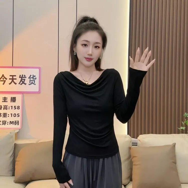 2025新款黑色长袖T恤女早秋装打底衫气质显瘦修身设计感上衣时尚