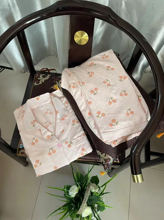 春秋夏季云朵棉粉色碎花少女长袖长裤舒适家居服套装