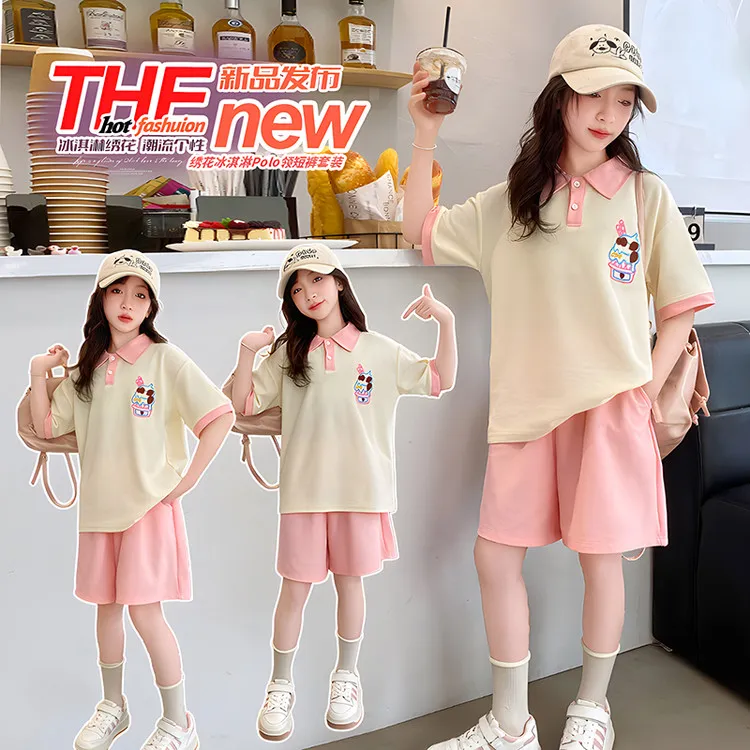 绣花冰淇淋Polo领短裤套装女童2025夏季新款韩版中大童