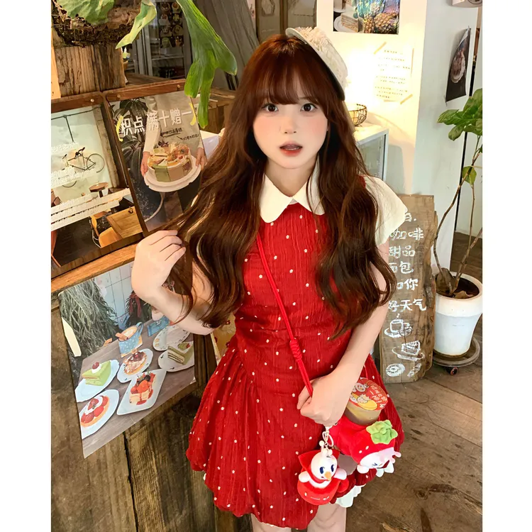 甜美泡泡袖红色波点收腰连衣裙女夏学院风假两件可爱娃娃领背心裙