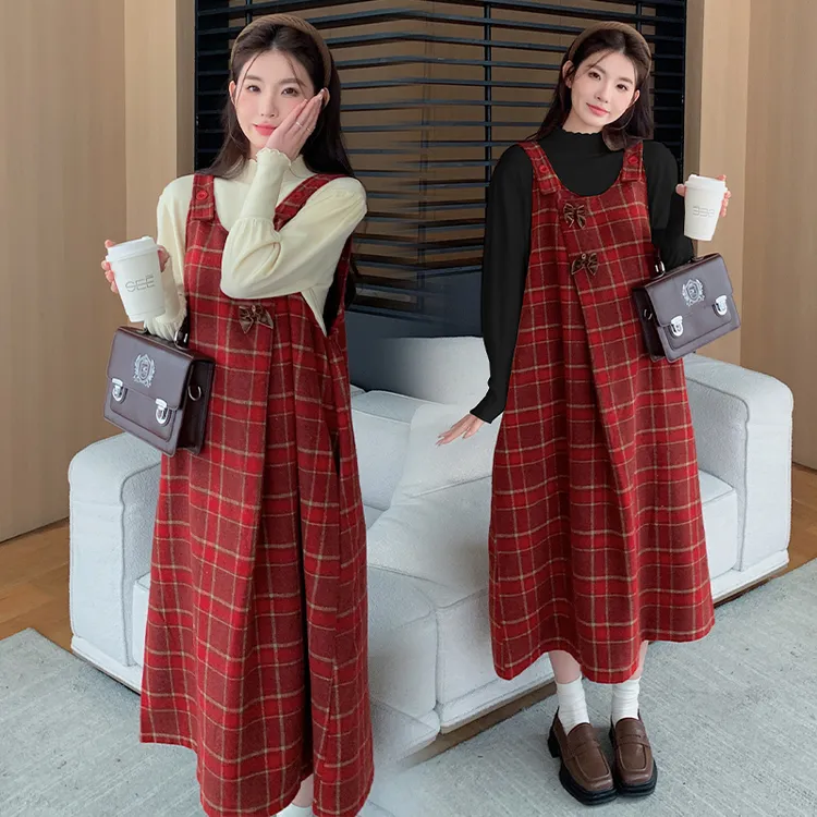 孕妇秋冬装套装潮流时髦蝴蝶结格子设计感背带裙两件套连衣裙春秋