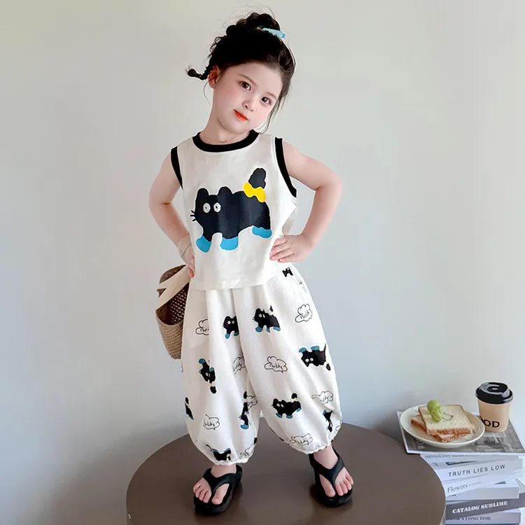 女童夏季套装2025新款小女孩猫咪无袖背心宽松薄款防蚊裤俩件套潮