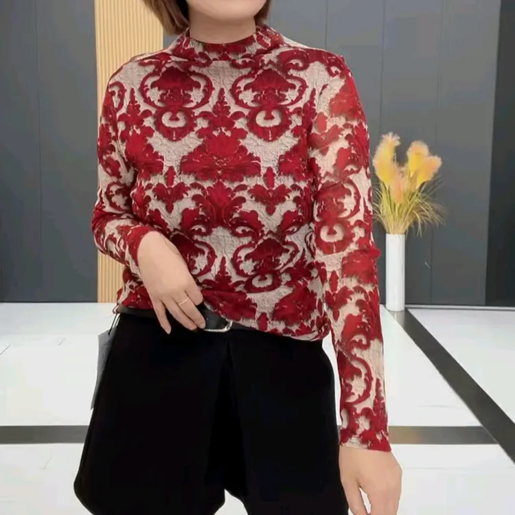 1123-JZD新年款时尚大码洋气百搭显瘦长袖印花圆领打底衫