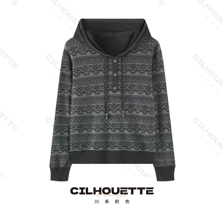 川禾织衣  早秋欧根纱提花连帽长袖100纯兰精天丝透气显瘦针织衫