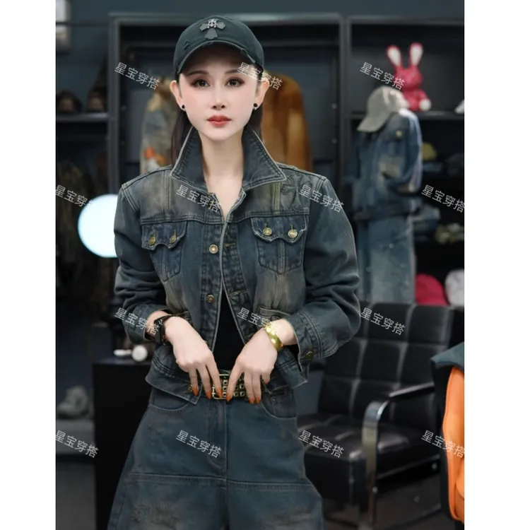 2025冬季新款气质小翻领加绒牛仔外套复古水洗短外套上衣2283