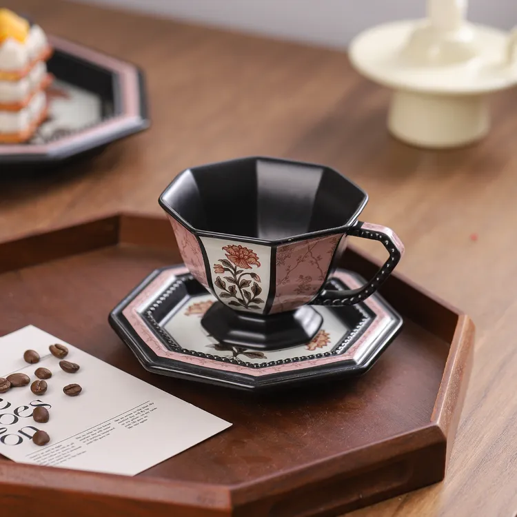 牡丹八角中式复古马克杯陶瓷杯碟套装高颜值咖啡杯水杯子东方美学