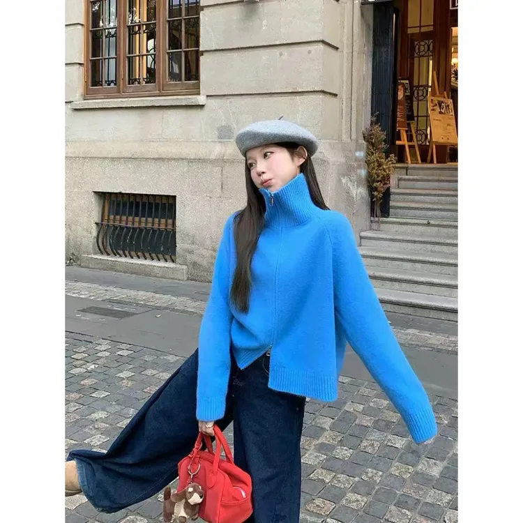 秋冬新款翻领蓝色开衫毛衣宽松双拉链上衣慵懒高级立领针织外套