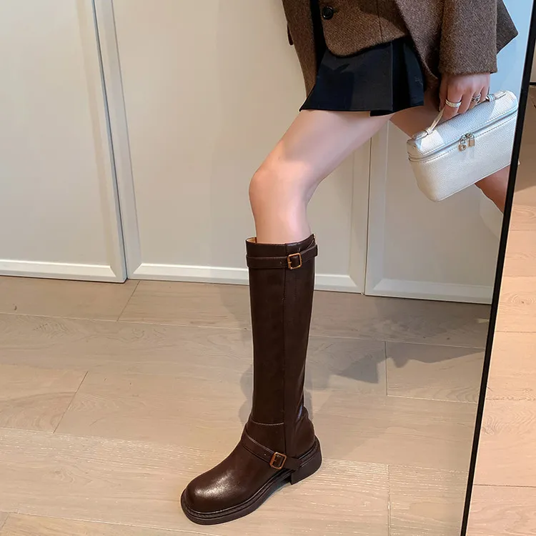 3CM牛皮，时装靴增高中筒靴厚底高筒靴时尚秋女士V口高跟厚底长筒