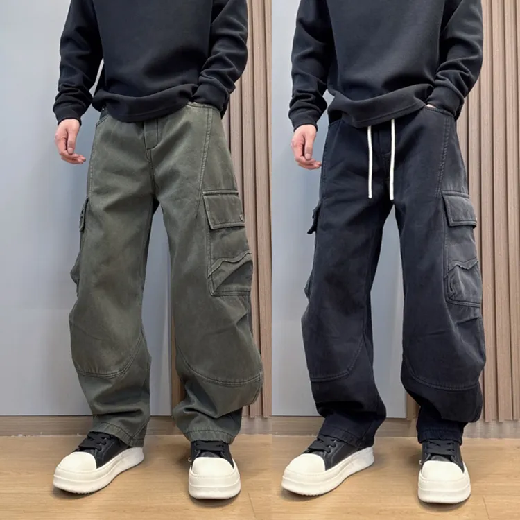 2025秋冬季机能工装多口袋休闲弯刀裤做旧渐变宽松直筒水洗牛仔裤