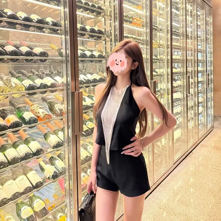 小众设计水钻流苏挂脖吊带背心女大露背显瘦上衣+短裤