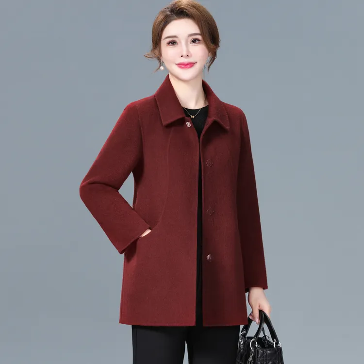 双面绒大衣女高端喜婆婆妈妈装秋冬外套短款中老年女装毛呢外套