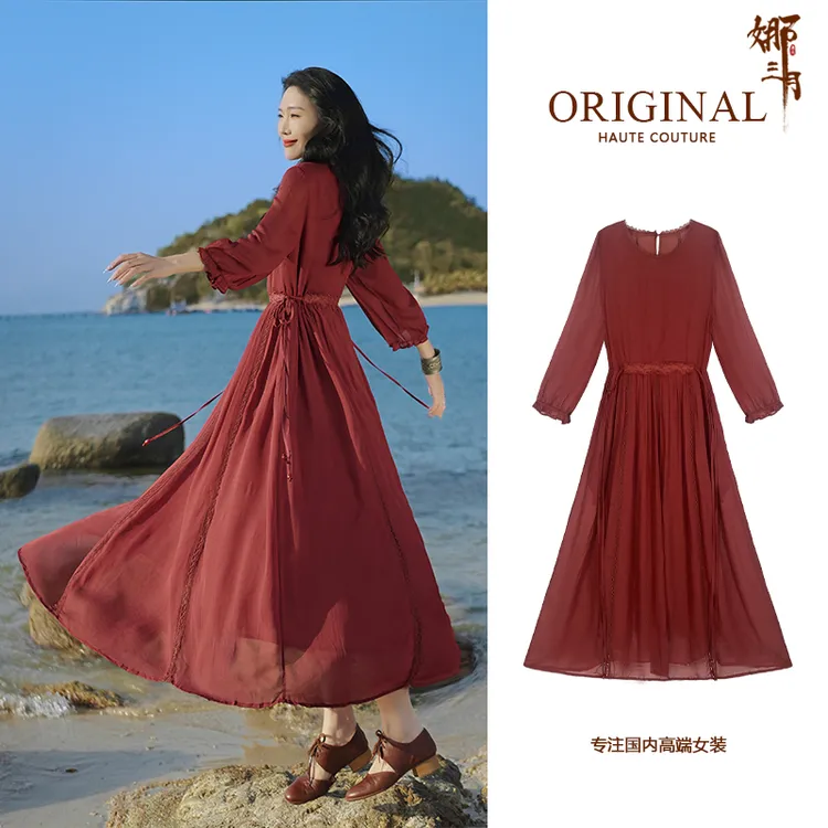 娜三月【原创】高级手工蕾丝拼接轻薄飘逸抽绳春夏新款连衣裙960338