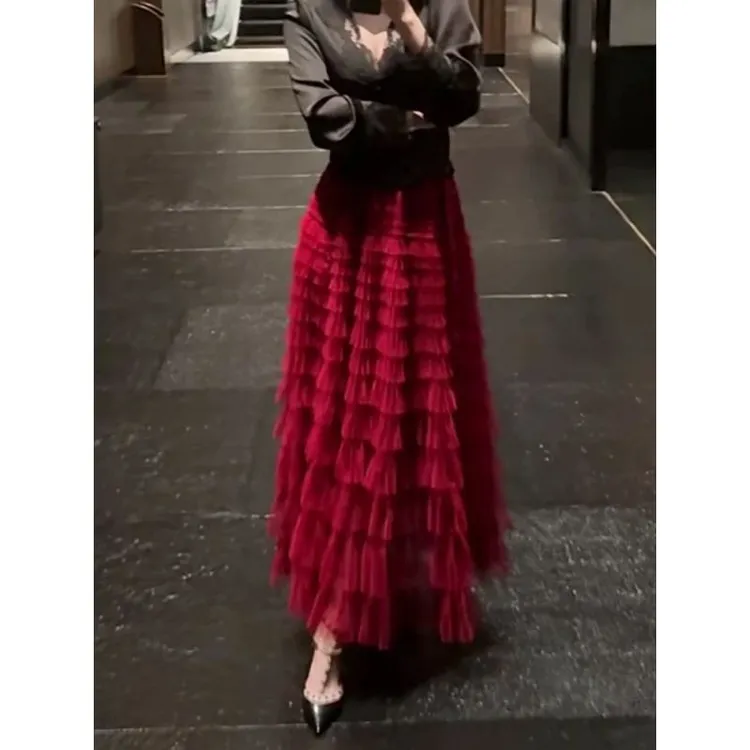 多层次重工纯色高腰A字网纱红色蛋糕裙设计感氛围感蓬蓬大摆长裙