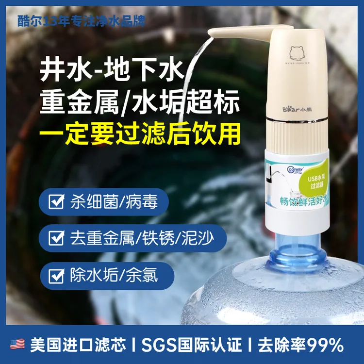 桶装水过滤器山泉水井水户外水便携式净水器带过滤小熊抽水器除菌