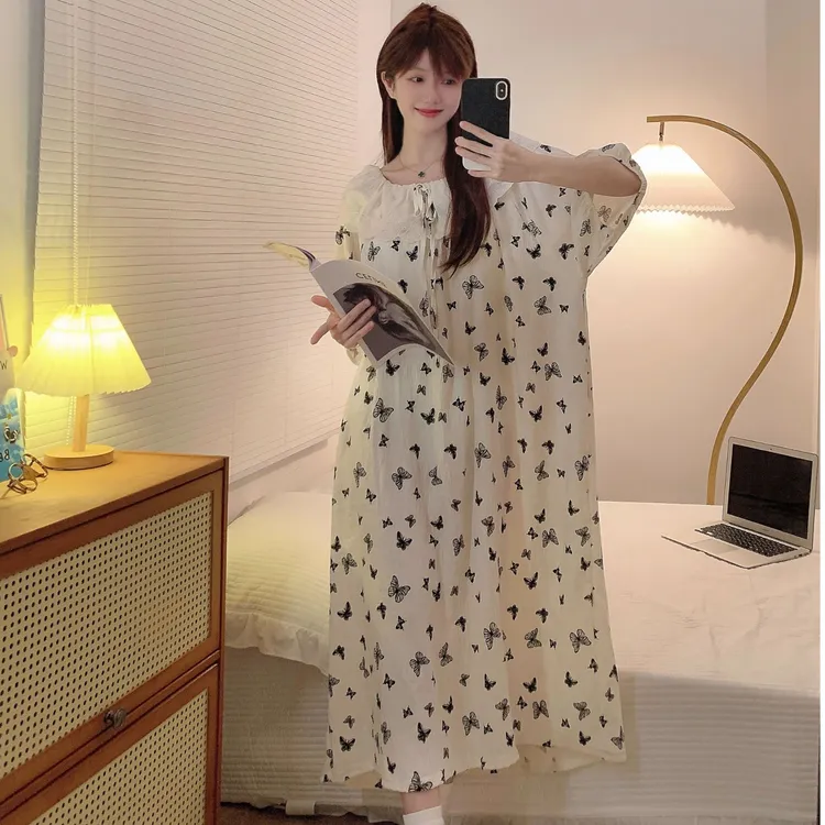 短袖夏季长款甜美成人睡裙薄款家居服气质黑蝴蝶