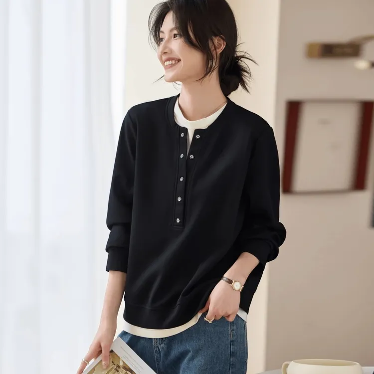 高品质棉质假两件黑色卫衣女秋季新款百搭休闲设计感拼色气质上衣