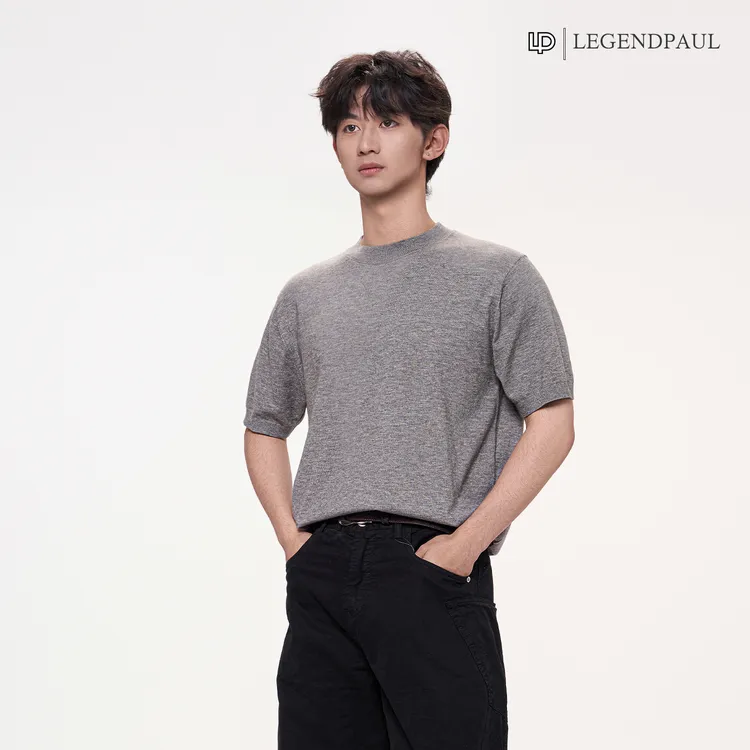 Legend Paul老钱风针织法尼澳绒短袖T恤男夏季正肩小领口纯色半袖