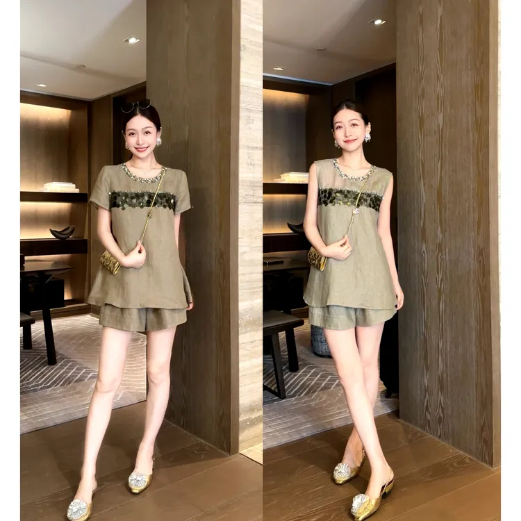 W·HAHA【迷雾梦境-套装】100亚麻设计感钉钻亮片重工套装62353