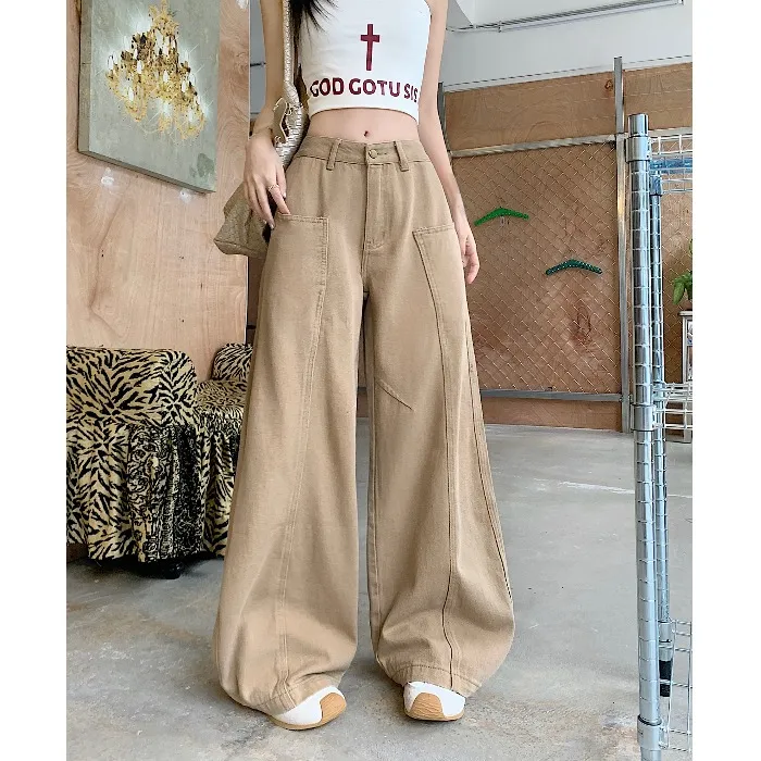 卡其色复古牛仔裤女夏季美式弯刀裤高腰阔腿裤子宽松百搭拖地长裤