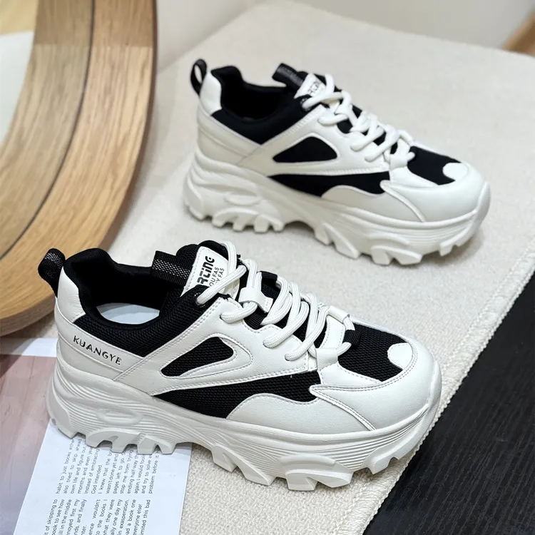 真皮松糕增高轻便舒适老爹鞋女2025新款秋港风厚底复古拼色运动鞋