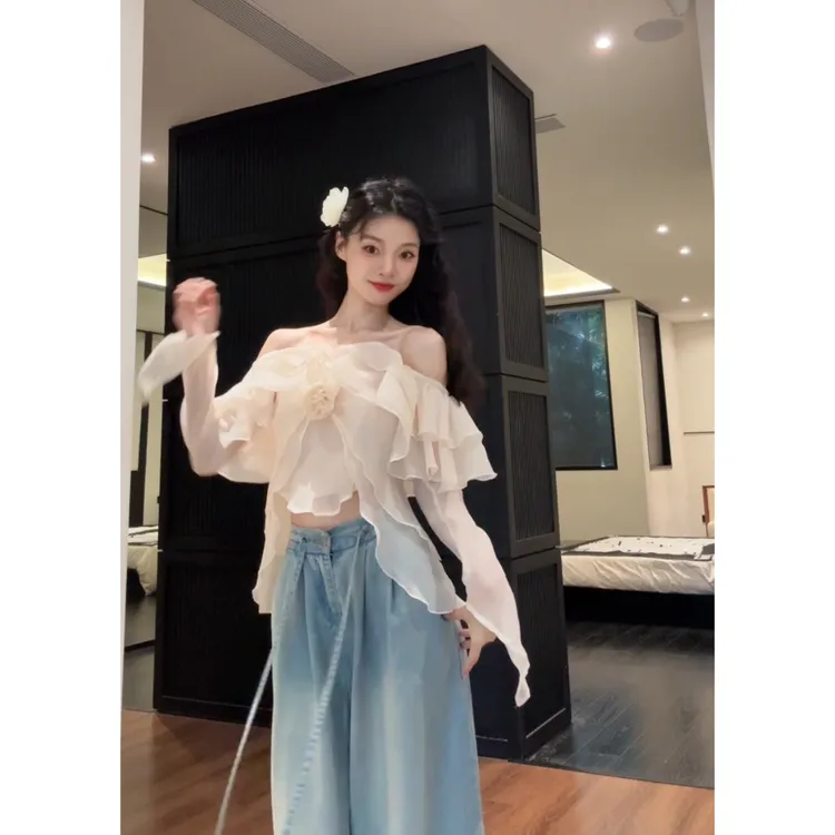 Seven七分糖纯欲风一字肩荷叶边长袖衬衫女秋季新款减龄显瘦上衣