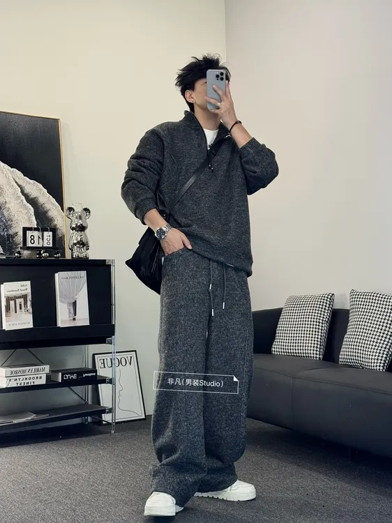非凡-冬季新款宽松休闲百搭ins糯米绒加绒长袖长裤卫衣套装 66578