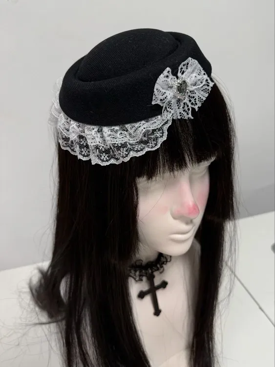 原创亚文化手作蕾丝花边蝴蝶结发夹甜美可爱氛围发饰气质小礼帽