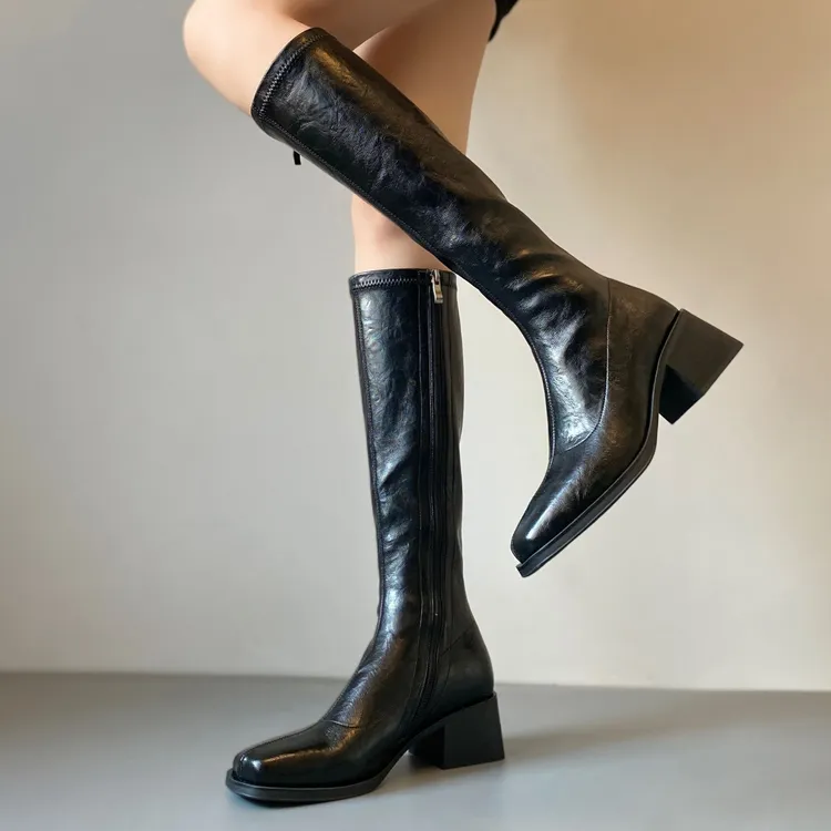 羊皮版黑色瘦腿长筒靴软皮静音底靴子包腿显瘦方头弹力靴侧拉链