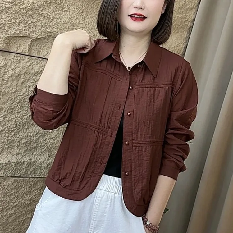 中年妈妈装百搭休闲舒适纯色长袖衬衫女春秋新款韩版显瘦短款外套