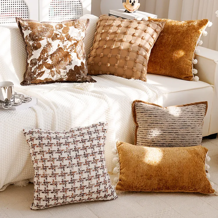 法式棕色轻奢抱枕中古风卧室床头飘窗靠背靠垫靠枕套复古沙发枕套