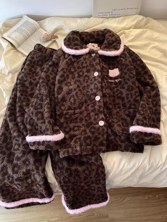 复古豹纹可爱Kitty珊瑚绒睡衣女秋冬款可爱卡通保暖ins家居服套装
