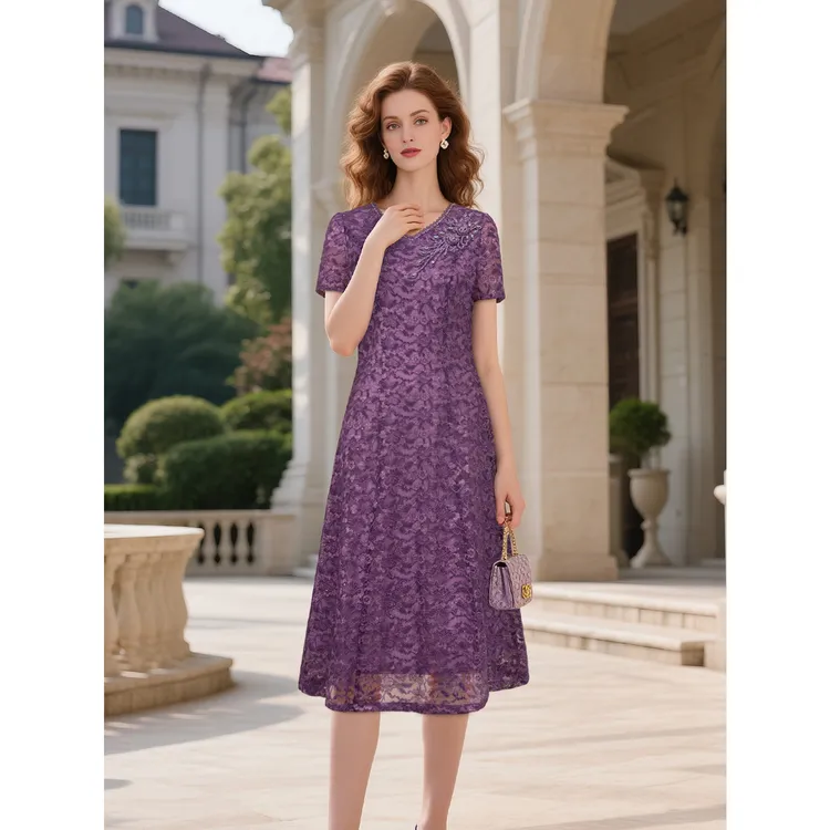 夏季优雅洋气薄款V领中长款法式连衣裙紫色显瘦妈妈装-66908
