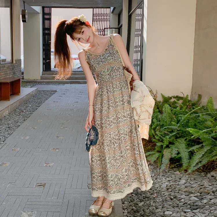 海边度假风镂空罩衫印花吊带裙套装女夏2025新款复古氛围感两件套
