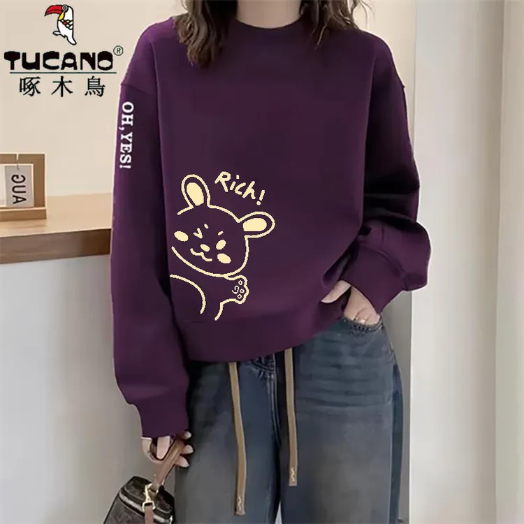 啄木鸟纯棉深紫色圆领卫衣女士春秋冬季宽松套头韩版休闲印花上衣