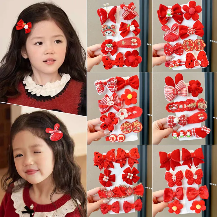 女童宝宝发夹头饰蝴蝶结发卡夹不伤发红色喜庆中国风福如意可爱公