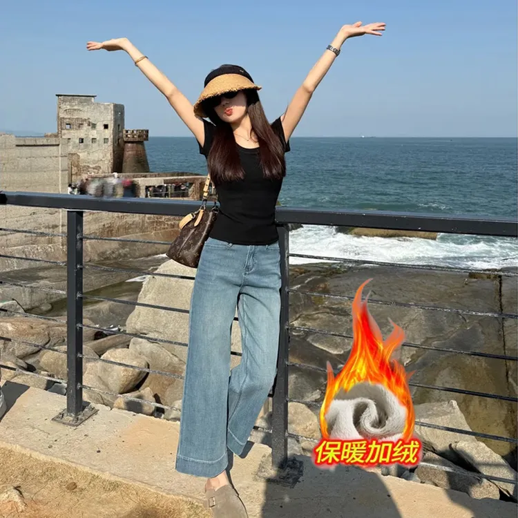 加绒弹力九分烟管牛仔裤女秋冬新款高腰时尚显瘦百搭设计感直筒裤