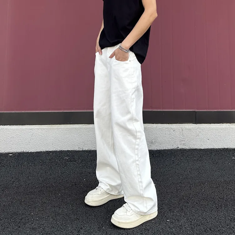 QUALCOMM秋冬氛围感cleanfit白色牛仔裤男女同款欧若窄版阔腿裤子