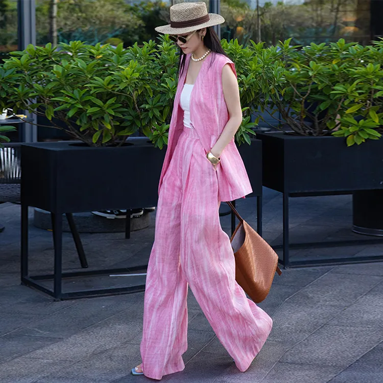 夏季减龄一整套穿搭女2025新款粉色时尚气质西装马甲阔腿裤两件套