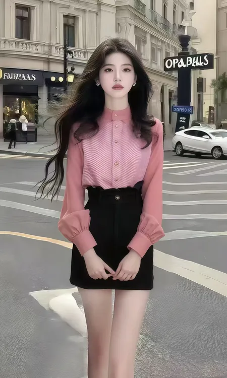 韩版时尚休闲氛围感穿搭粉色圆领长袖衬衫上衣+黑色高腰半身裙女