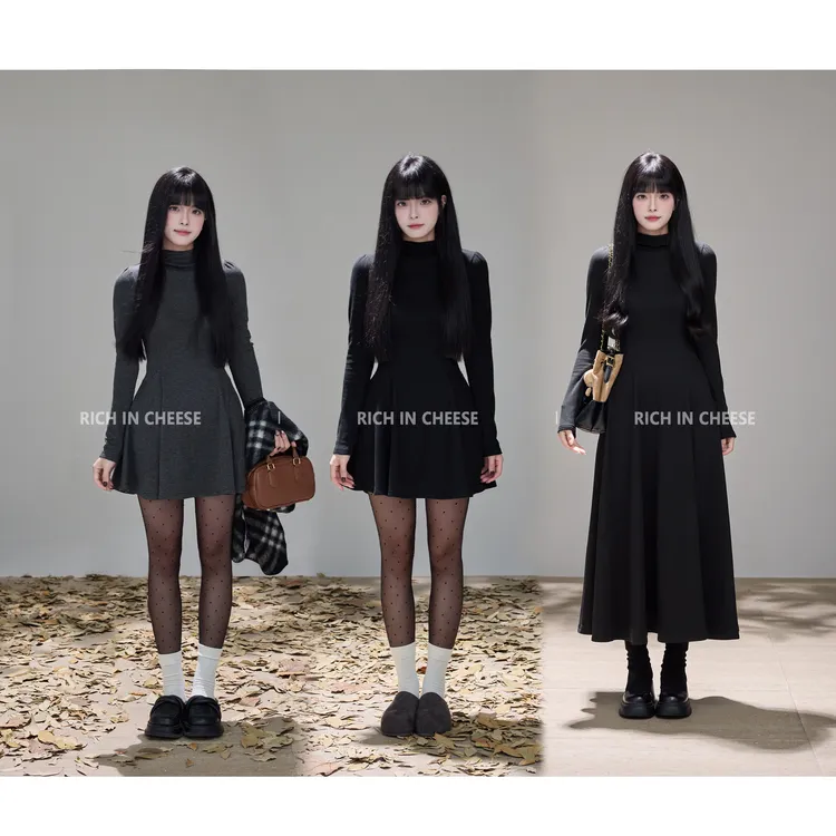 RICHINCHEESE 恬静柔光 秋冬简约低堆领针织弹力打底收腰连衣裙