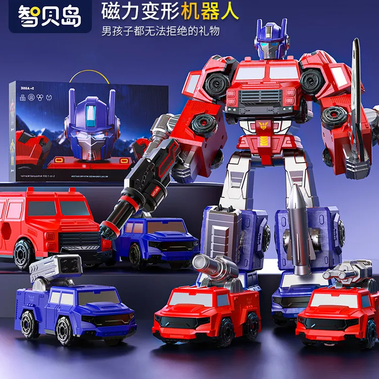 磁吸玩具车金刚积木过家家玩具拼装拼接消防车变形益智机器人套装商品图