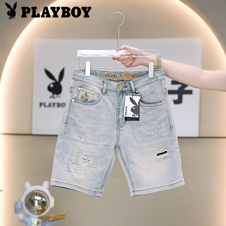 PLAYBOY/花花公子夏季薄款男士修身潮印花流透气百搭牛仔短裤