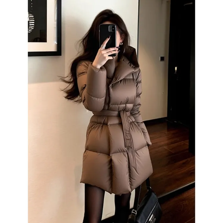冬季棉服女款2025新款巨好看高端轻熟收腰系带气质咖色夹棉厚外套