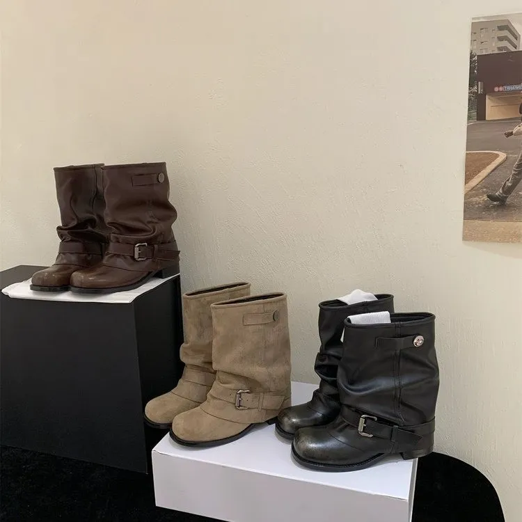 时尚牛仔裤管短靴女子褶皱堆堆靴擦色圆头复古粗跟骑士马丁靴增高